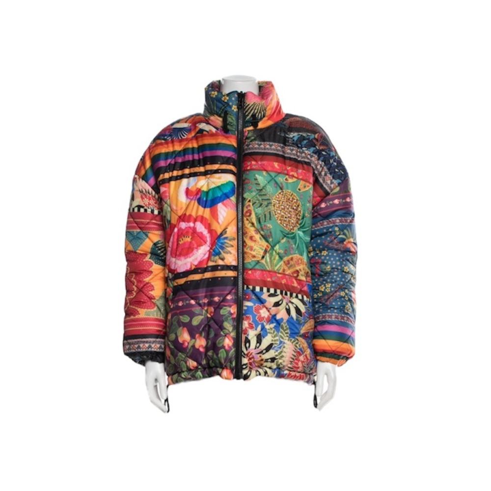 Farm Rio Brand New With Tags Mixed Scarves Multicolor Patchwork Puffer Jacket